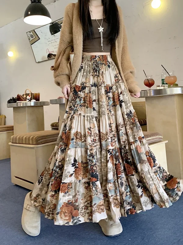 Gonna a pieghe floreale di alta qualità Donna Retro A Line Gonne lunghe Donna 2025 Autunno Inverno Vacanza Festa Big Swing Maxi Faldas 2