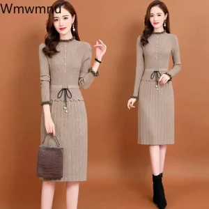 Abito maglione midi sottile Abito elegante in maglia a maniche lunghe con volant Abito da donna vintage con patchwork autunnale con coulisse in vita 1