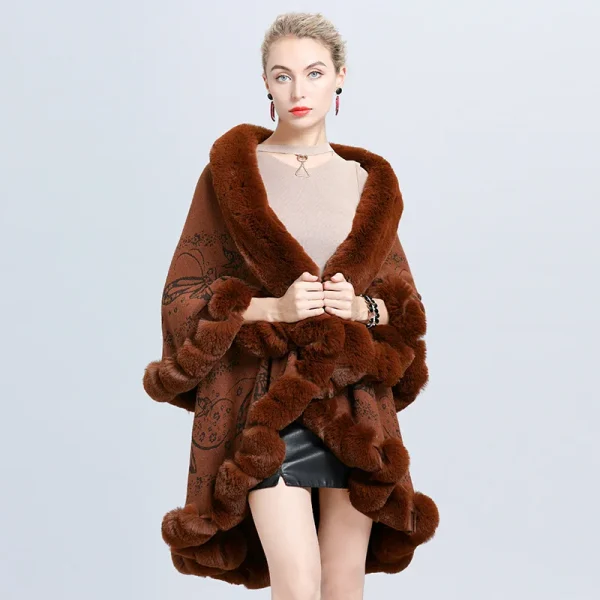 Cardigan invernale in pelliccia di volpe sintetica Poncho caldo Mantello allentato Scialle lavorato a maglia Cappotto oversize da donna Mantello spesso in tessuto jacquard a due strati 4