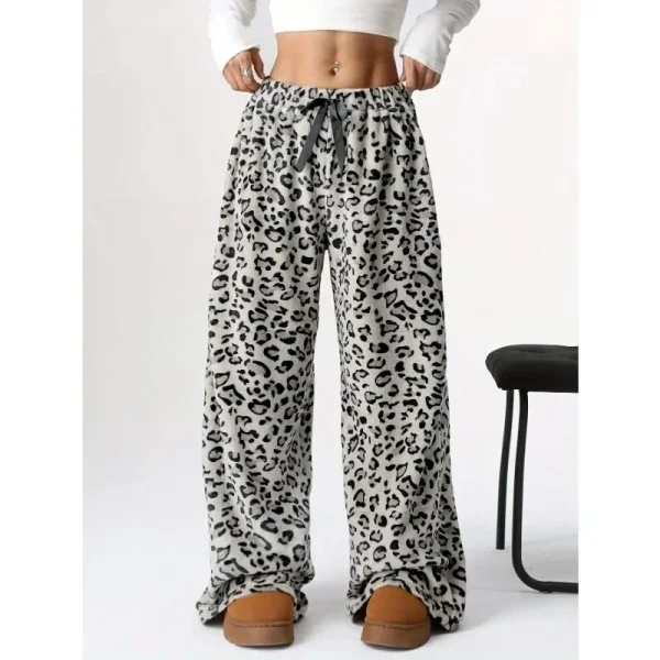 Pantaloni lunghi larghi da donna moda primavera autunno moda donna casual nuovi pantaloni stringati a gamba larga con stampa leopardata 2