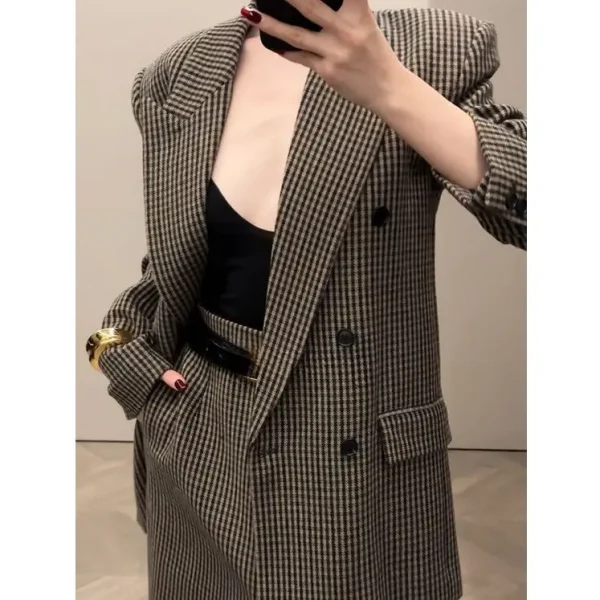​ ​ Completo da donna scozzese retrò francese con gonna Abbigliamento da ufficio in due pezzi Abito elegante professionale giovanile autunno inverno ​ ​ 3