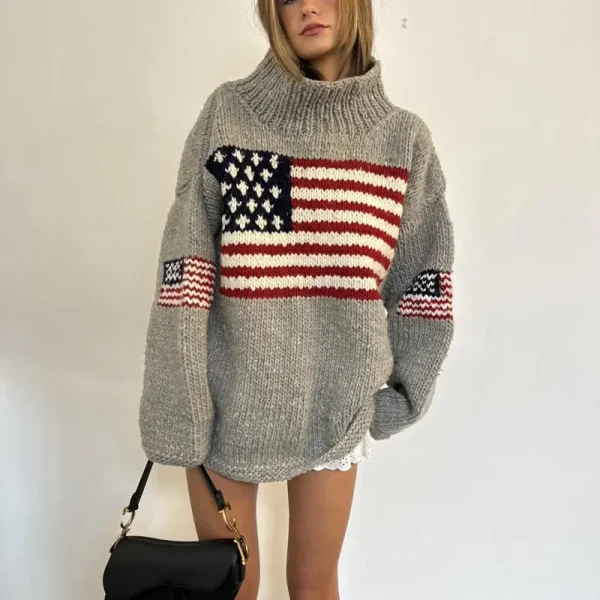 Maglione lavorato a maglia con stampa bandiera senso design europeo e americano autunno e inverno maglione pullover girocollo allentato casual 2