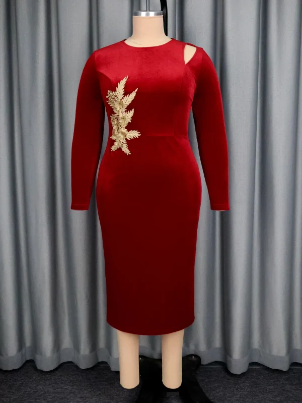 Abito longuette da donna elegante in velluto rosso o collo tagliato maniche lunghe ricamo fiore aderente festa serale ospite di nozze autunno nuovo 4