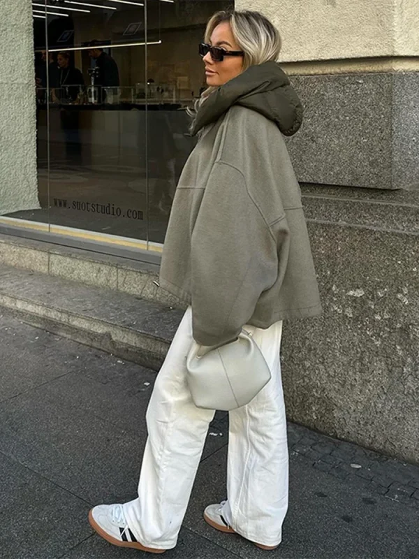 Giacca di lana con cappuccio Cappotto Tasca grande Bottone in metallo Pendolarismo Cappotto corto da donna Capispalla in colore a contrasto Camicetta casual ampia 4