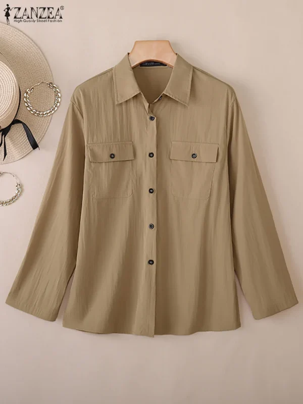 2025 ZANZEA Camicia moda autunno Camicetta da donna Collo con risvolto Top a maniche lunghe Elegante Solido Allentato OL Camicie da lavoro Tunica Blusas Femme 4