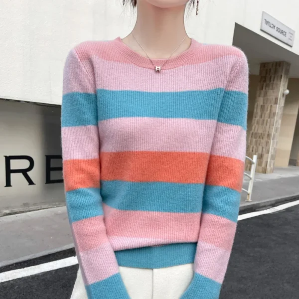 Moda 100% lana merino O-Collo lavorato a maglia maglione a righe colorate maniche lunghe pullover cashmere basic morbido abbigliamento casual Top 5