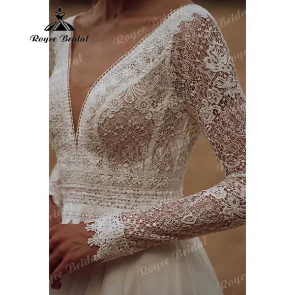 Abito da sposa senza schienale in pizzo a maniche lunghe con scollo a V Donna 2025 Elopement Beach Abito da sposa bohemien vestido de casamento Personalizzato 3