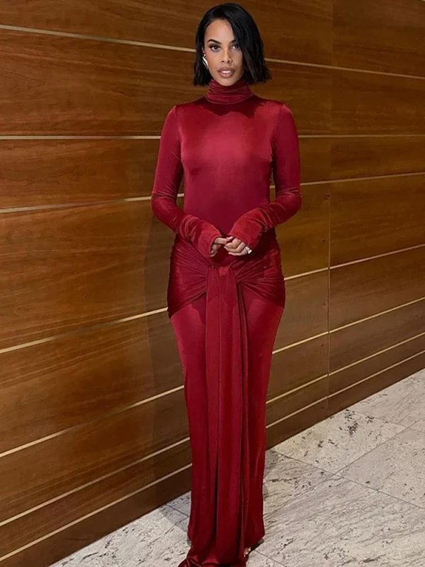 Dulzura Abito lungo a maniche lunghe con collo alto per donna Abito lungo a portafoglio aderente Abiti da club sexy per feste 2024 Compleanno primavera estate 4
