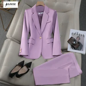 NAVIU Abiti viola Donna Nuova primavera autunno Temperamento Moda Slim Giacca a maniche lunghe e pantaloni Office Ladies Abbigliamento da lavoro Nero 1