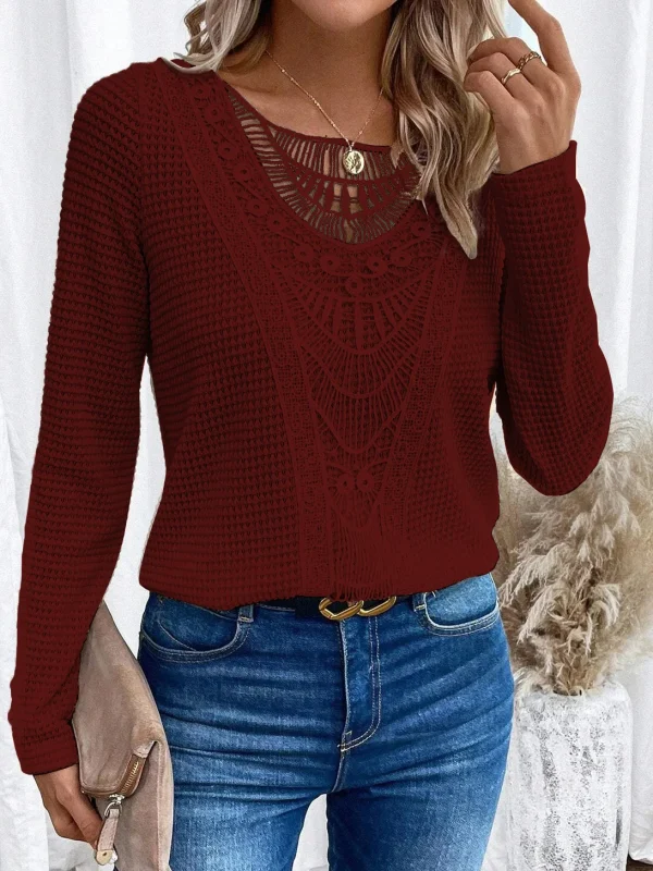 T-shirt ritagliata girocollo tinta unita T-shirt elegante in pizzo a contrasto a maniche lunghe a costine per abbigliamento da donna autunno inverno 4