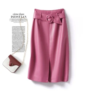Gonna in vera pelle rosa moda donna a vita alta gonna morbida in pelle di pecora divisa sui fianchi gonna di media lunghezza slim fit primavera autunno 1