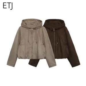 ETJ 2025 inverno nuova moda donna pelle scamosciata effetto texture bomber con cappuccio giacca casual versione ampia 1
