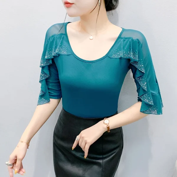 2025 Primavera Estate Maglia Top Moda coreana Girocollo Patchwork Foglia di loto Increspature Camicia Hot Diamond Donna T Shirt 3