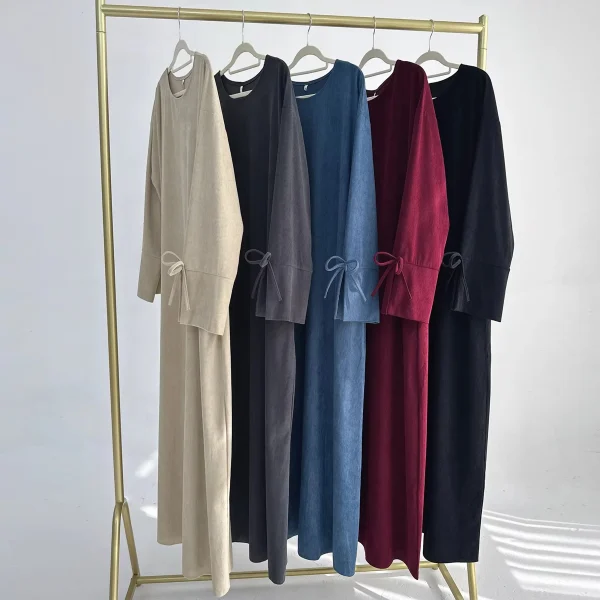 Inverno Velluto A Coste Fiocco Nodo Manica Abaya Donne Abito Musulmano Abbigliamento Modesto Donne Abaya Femmes Robe Musulmane Robes Abiti di Preghiera 6