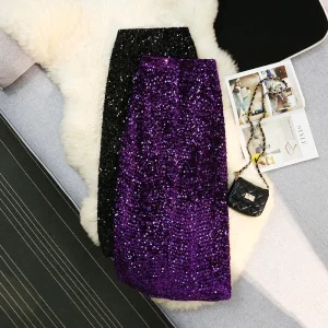 Seoulish Autunno Inverno Velluto A Vita Alta Con Paillettes Wrap A-Line Gonne 2024 Nuovo Elegante Indietro Split Gonne a Matita Femminile 1