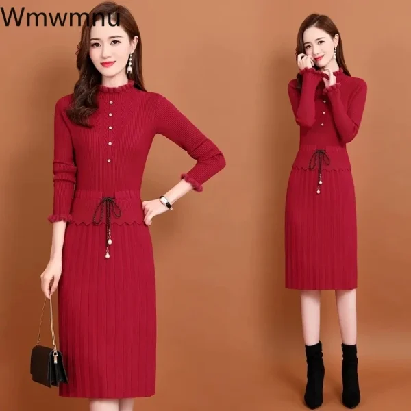 Abito maglione midi sottile Abito elegante in maglia a maniche lunghe con volant Abito da donna vintage con patchwork autunnale con coulisse in vita 3