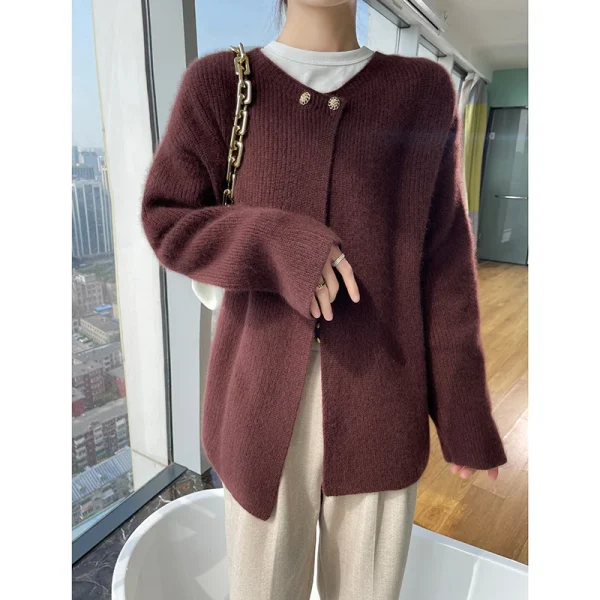 100% lana donna maglione invernale Cardigan donna collo tondo manica lunga giacca e maglione Cardigan lavorato a maglia donna 3