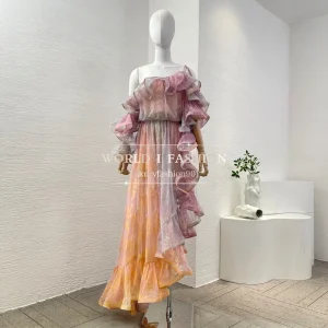 2025 di alta qualità volant pieghe design primavera estate patchwork di pizzo sfumatura di colore vintage donna orlo irregolare maxi abito 1