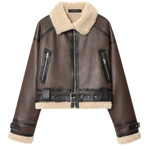 Giacca in pelle da donna 2025 Donna High Street Manica lunga Cerniera Fodera in lana di agnello Giacche Cappotti corti Lady Autunno Nuovi capispalla 1