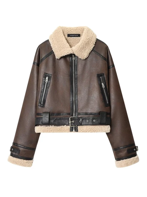 Giacca in pelle da donna 2025 Donna High Street Manica lunga Cerniera Fodera in lana di agnello Giacche Cappotti corti Lady Autunno Nuovi capispalla 1