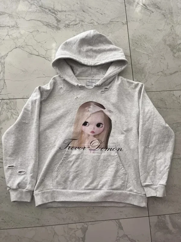 Felpa con cappuccio da donna gotica Y2K Abbigliamento Hip Hop Doll Pattern Felpa con cappuccio grigia oversize Giacca pullover casual alla moda 1