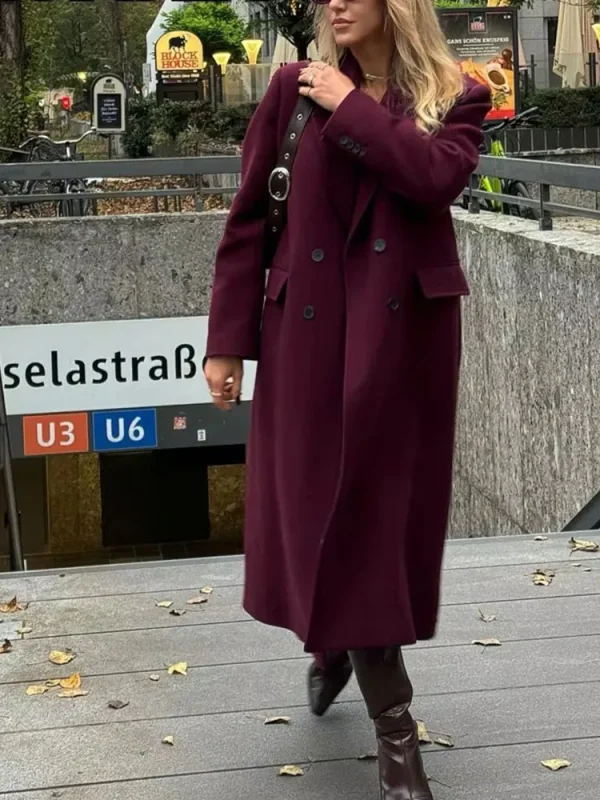 HH Cappotto di lana bordeaux moda donna doppio petto manica lunga bavero misto giacca autunno inverno capispalla High Street 2