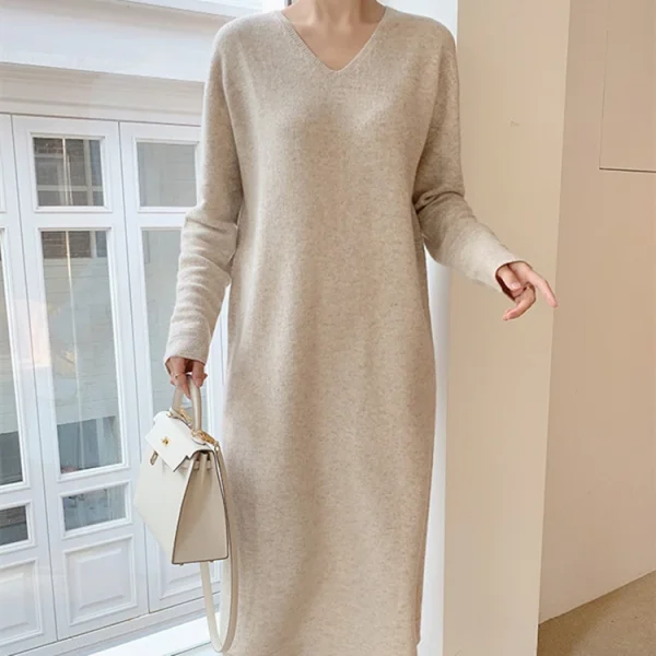 Abito lungo maglione donna 2024 autunno inverno nuovo scollo a V lavorato a maglia donna allentata maxi abito in cashmere abiti eleganti stile coreano 5
