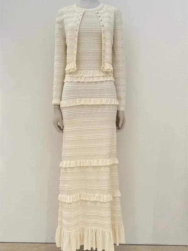 Abito longuette sottile con scollo a barchetta in maglia senza maniche da donna con volant o maglione cardigan monopetto a maniche lunghe 3