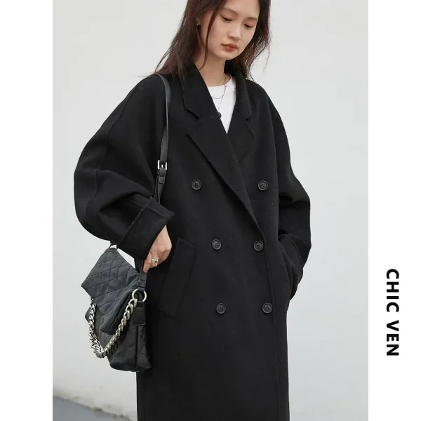 CHIC VEN Cappotti di lana lunghi double face da donna Cappotto femminile allentato retrò doppio petto Frangivento da donna Autunno Inverno 2025 5