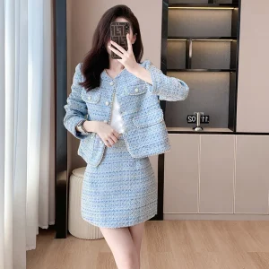 Giacca da donna blu moda socialite 2024 Autunno e inverno Nuovo temperamento Cappotto che riduce l'età Gonna superiore Lady Set a due pezzi 1