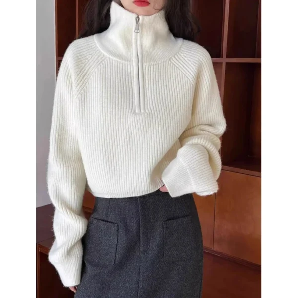 2025 New Fashion Mezza Collo Alto Cerniera Maglione Lavorato a Maglia Maglione di Colore Solido delle Donne Casual Allentato Crop Top in Maglia Elegante Pullover 4
