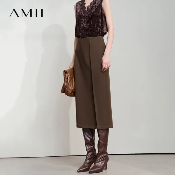 AMII Minimalista Donna Marrone Gonne 2025 Autunno Retro Twill spazzolato Spacco laterale Office Lady Midi Gonne Donna Abbigliamento 12543057 2