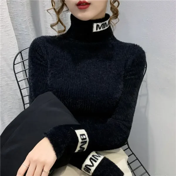 Autunno Inverno Nuovi maglioni con stampa di lettere Manica lunga Collo alto Tinta unita Slim Pullover giovanili Abbigliamento donna moda elegante 6
