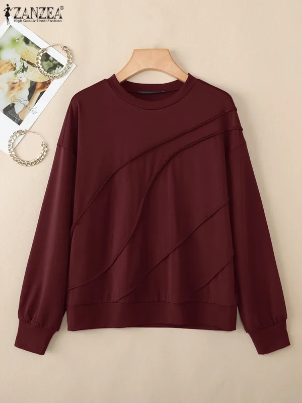 ZANZEA 2025 Felpe da donna Solido Manica lunga Casual Felpe allentate Moda O-Collo Autunno Pullover Capispalla a pieghe 4