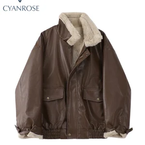 Giacca invernale in pelle di pelliccia da donna a maniche lunghe allentata calda lana di agnello Cappotto da motociclista in PU femminile con risvolto locomotiva ispessito vintage 1