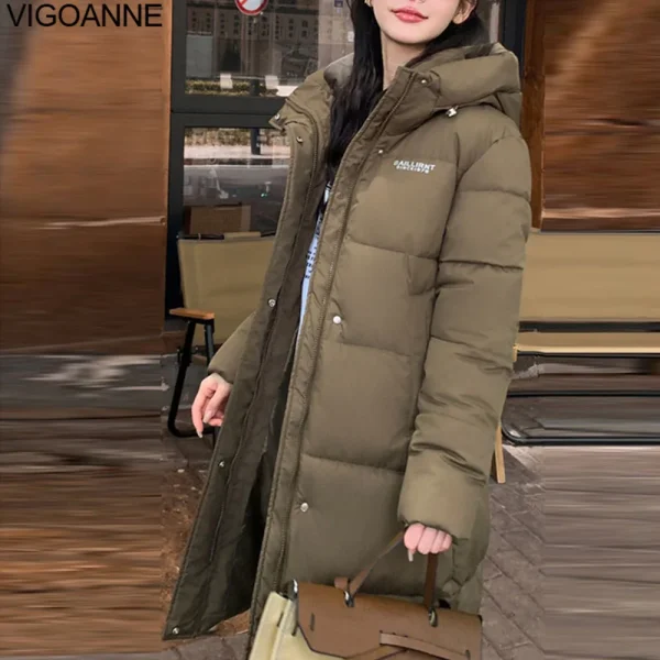 VigoAnne 2025 inverno cerniera con cappuccio piumino lungo cappotto coreano donna manica lunga tasca giacca allentata solida signora spessa tuta sportiva calda 5