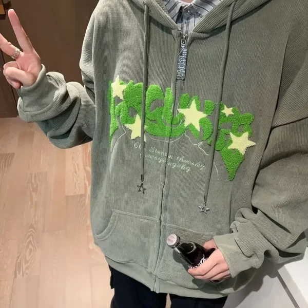 Felpe con zip ricamate alla moda da donna autunno top a maniche lunghe camicia con cappuccio allentato Harajuku Y2K abbigliamento giacca felpa femminile 6