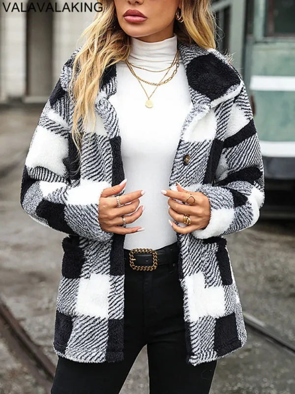 2025 Giacca spessa a maniche lunghe autunno inverno per donna Cappotto casual con bottoni caldi in peluche Cappotto scozzese allentato elegante da donna Abiti femminili 1