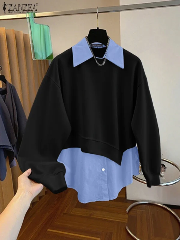 2025 ZANZEA Felpe da donna Elegante autunno Felpe con cappuccio Top a maniche lunghe Elegante OL Camicetta da lavoro Pullover Risvolto Patchwork Blusas 3