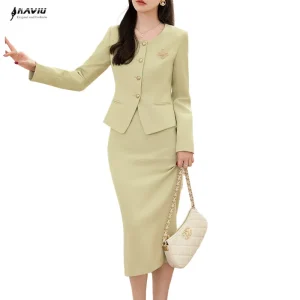 NAVIU Moda Francese Vintage Tweed Due Pezzi Set Abiti da Donna di Alta Qualità Chic Giacca con Frange Cappotto e Gonna Lunga Abiti Bianco 1