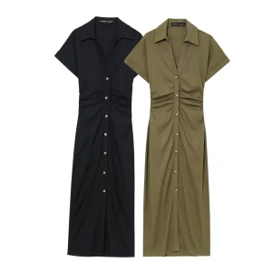 ETJ 2025 Primavera/Estate Nuovo abito MIDI da donna elegante stile vacanza rinfrescante e confortevole a maniche corte con scollo a V 1