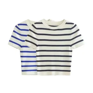 Maglione lavorato a maglia corto basic a righe moda donna Vintage O collo manica corta pullover femminili top chic 1