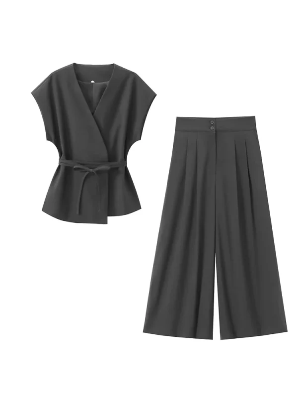 TFMLN Pantaloni da donna alla moda Abiti senza maniche con scollo a V Top con cintura Pantaloni dritti Set 2025 Primavera Estate Pendolari Set da 2 pezzi 5