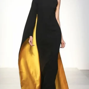 Onecozyday Abito lungo monospalla da donna in colore a contrasto Nero e oro Girocollo Slim Fit Abiti da sera a vita alta 1