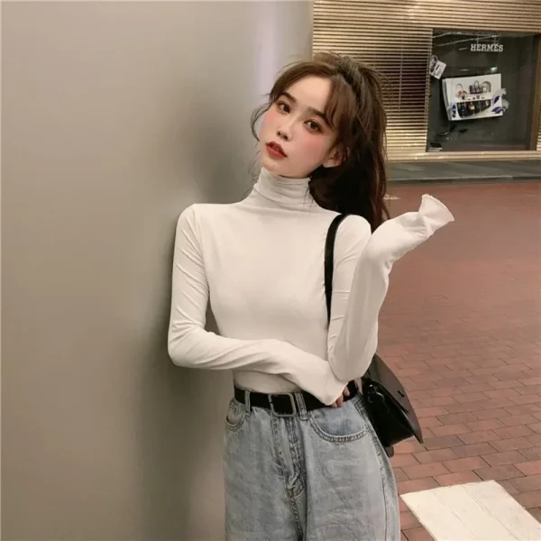 YSZWDBLX T-shirt da donna Autunno Inverno Camicia con fondo modale Dolcevita caldo Abbigliamento interno Coreano Casual Slim High Strecth Top 3