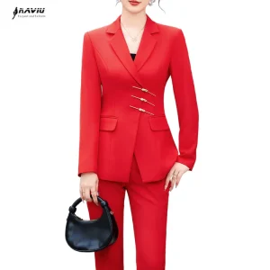 NAVIU Donne eleganti Disegni uniformi formali rossi Tailleur pantalone con giacche e pantaloni Abiti da lavoro da donna Set blazer da donna in stile OL 1