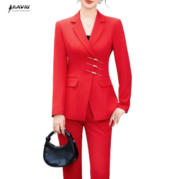NAVIU Donne eleganti Disegni uniformi formali rossi Tailleur pantalone con giacche e pantaloni Abiti da lavoro da donna Set blazer da donna in stile OL 1