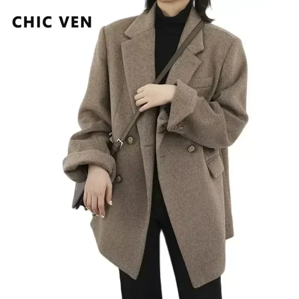 CHIC VEN Cappotto da donna in misto lana Solido Blazer di lana medio lungo Camicetta calda e spessa Cappotto da donna Office Lady Top Autunno Inverno 2