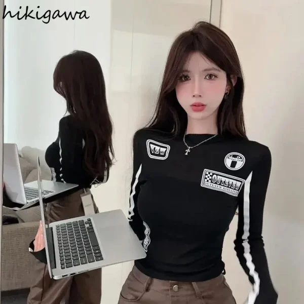 Moda Donna T-shirt Y2k Top 2025 Ropa Mujer O-Collo Manica lunga Tunica Tees Casual Coreano Camisetas Lettera Nero Crop Magliette 4