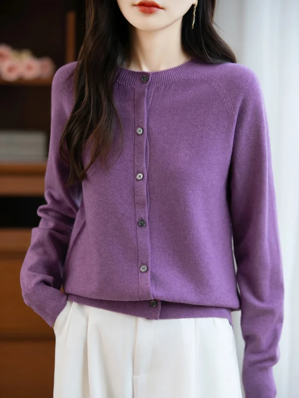Maglione classico da donna in lana merino Cardigan lavorato a maglia basic femminile autunno inverno Top eleganti da donna in cashmere a maniche lunghe 4
